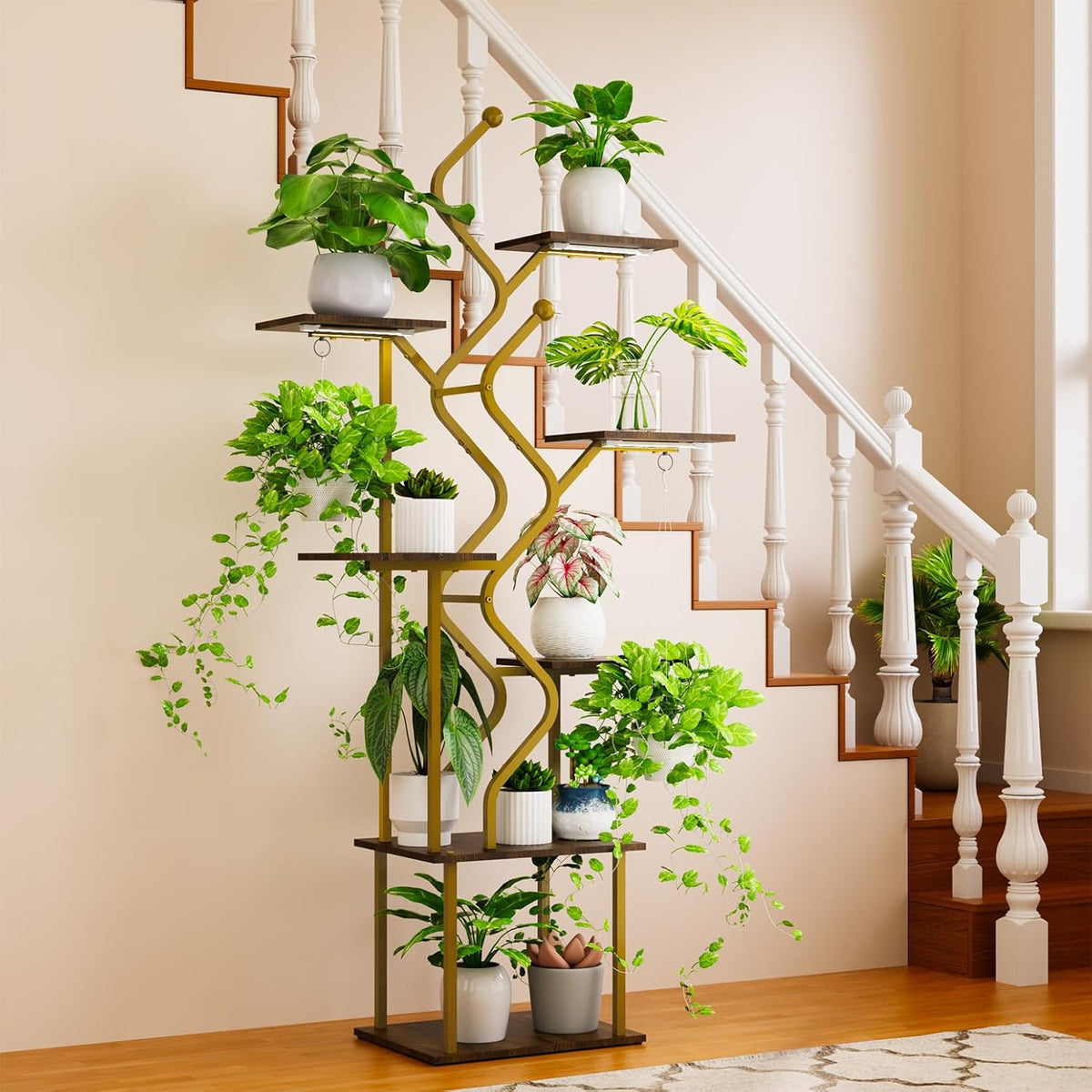 Bstrip 63 Inch Plant Stand with Grow Light, 7-Tier Indoor Plant Shelf with Hanging Hooks, Decor