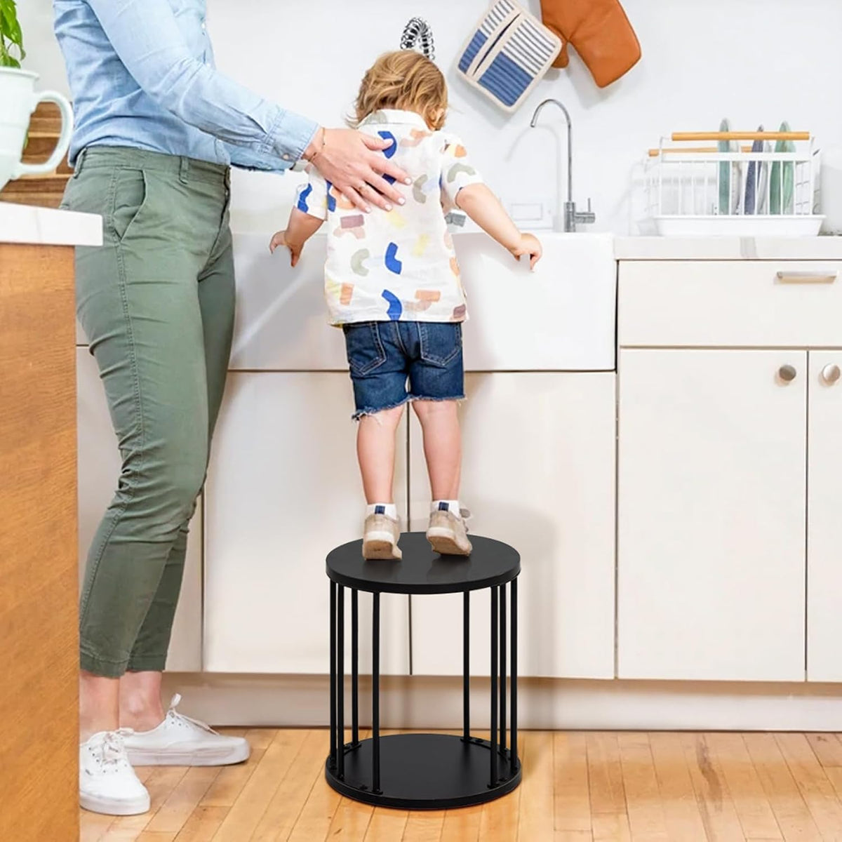 HDANI Small Round Wooden Step Stool for Kids Adults, 300lbs Load Capacity Garden Stool, Non-Slip