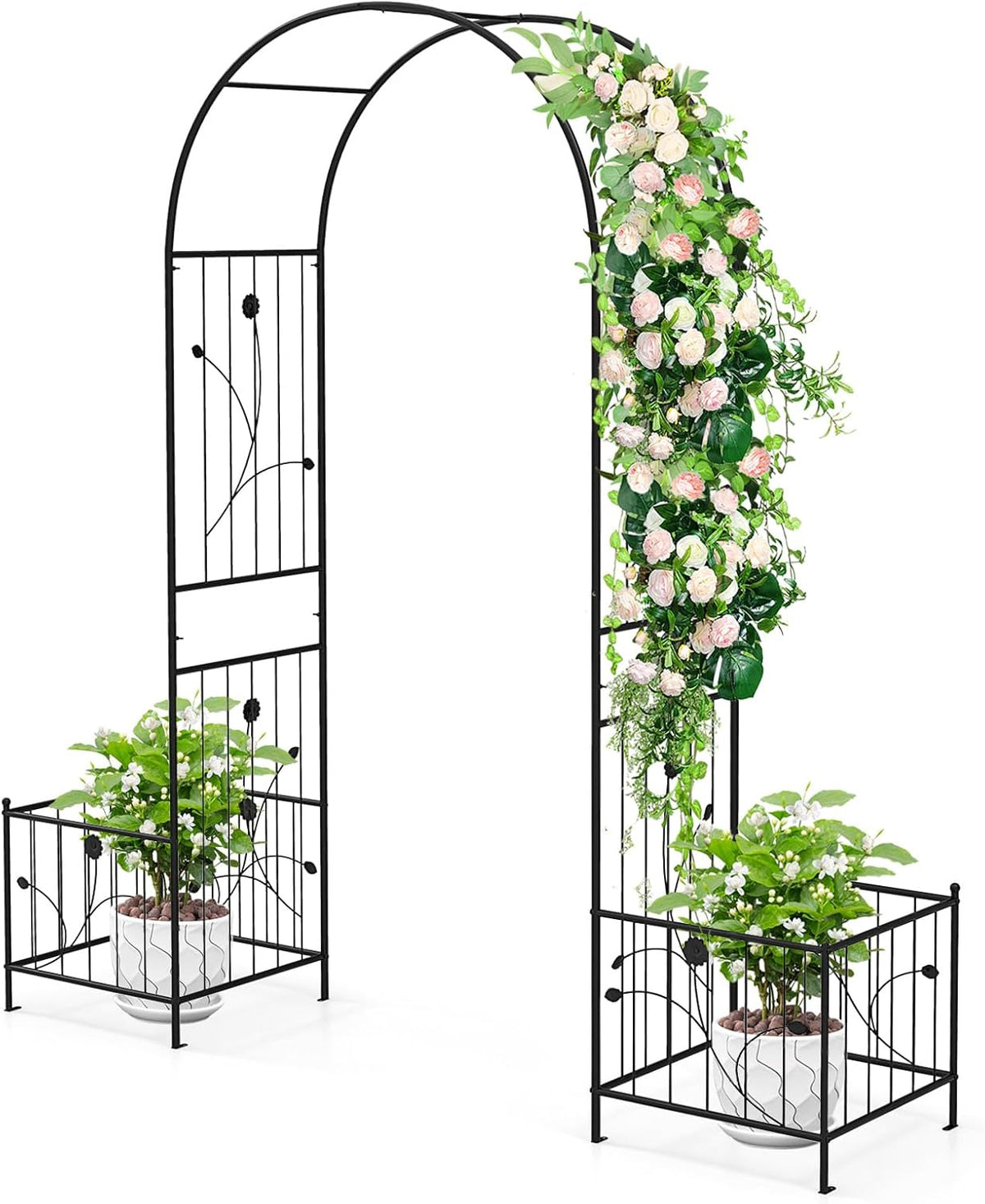 Happygrill Garden Arbor, 86" Metal Archway Pergola w/2 Side Planters, 8 Ground Stakes, Sturdy Metal