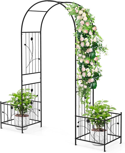 Happygrill Garden Arbor, 86" Metal Archway Pergola w/2 Side Planters, 8 Ground Stakes, Sturdy Metal