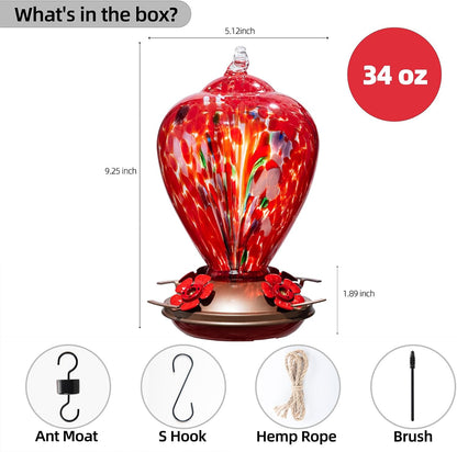 Gifts for Mom 34OZ Hand Blown Glass Hummingbird Feeders for Outdoors Hanging, with Ant Moat Humming