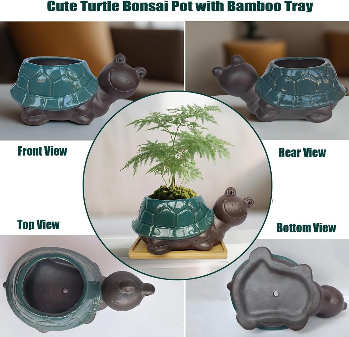 MUZHI Ceramic Bonsai Pot with Bamboo Tray SmilingTurtle Shape, Cute Animal Succulent Cactus Planter