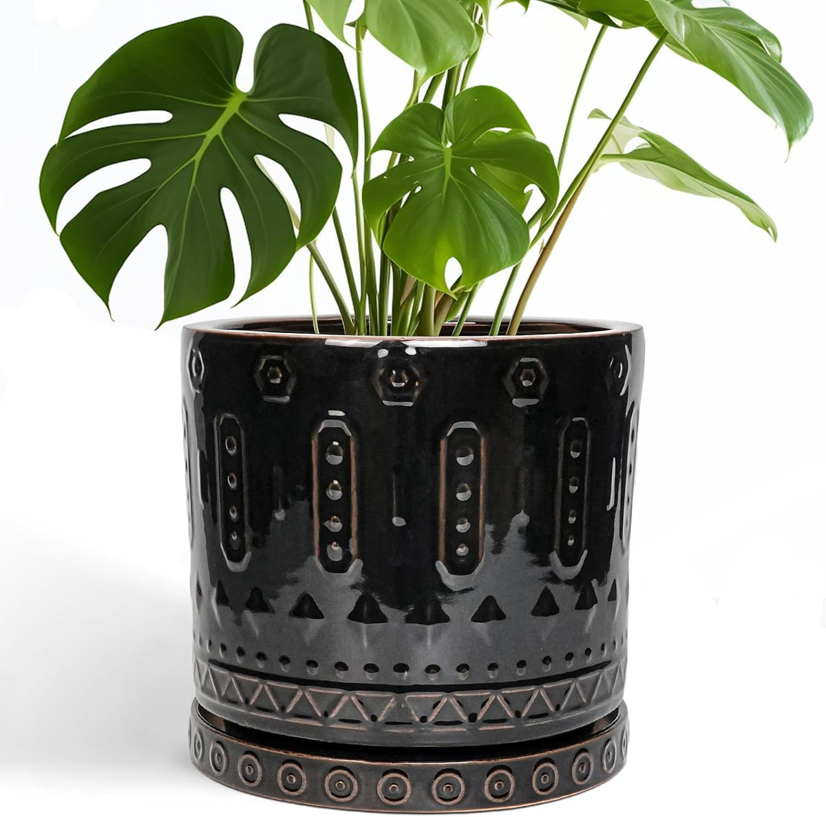 Ceramic Planter for Indoor Plants - 10 Inch Plant Pots with Drainage Hole and Saucer, Round