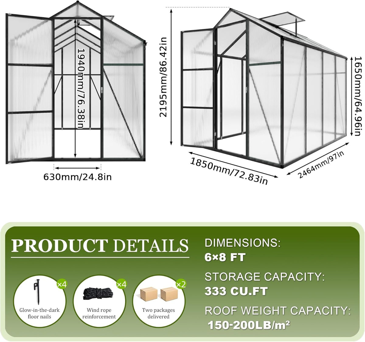 7.2FT High 6*8.2FT Greenhouse for Outdoors,Polycarbonate Greenhouse with Stronger Wind Protection