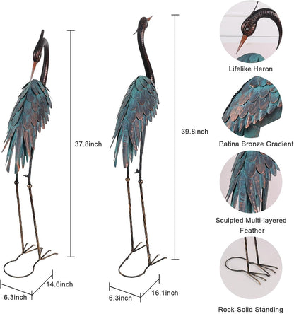 YEAHOME Garden Decor Outdoor Statues, 40"/37" Large Metal Heron Standing Yard Art, Blue Crane Lawn