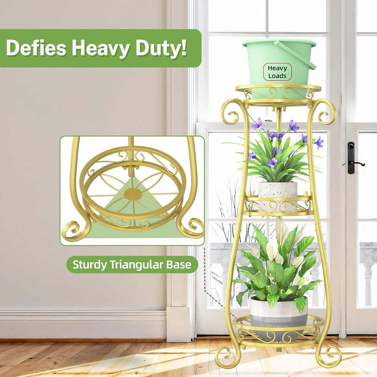 iDavosic.ly 3 Tier Metal Plant Stand Indoor Outdoor, Wrought Iron Corner Tall Flower Pot Holder