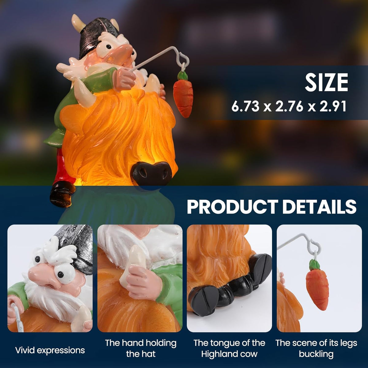 Garden Gnome Statue Highland Cow Gift,Yard Patio Balcony Outdoor Decor Solar Light Figurine