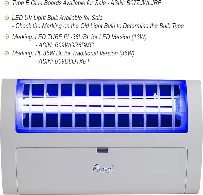 Awoco LED 13W 100V-240V Wall Mount Sticky Fly Trap Lamp XL 78” Extra Long Power Cord for Capturing