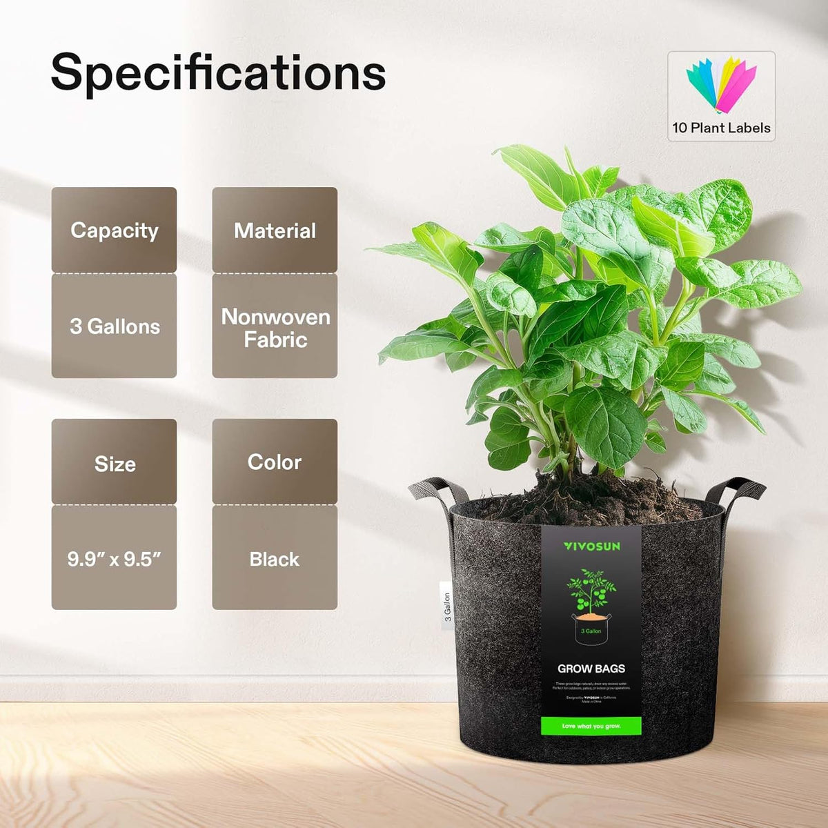 VIVOSUN 20-Pack 3 Gallon Grow Bags, Heavy Duty Thickened Nonwoven Fabric Pots with Handles for