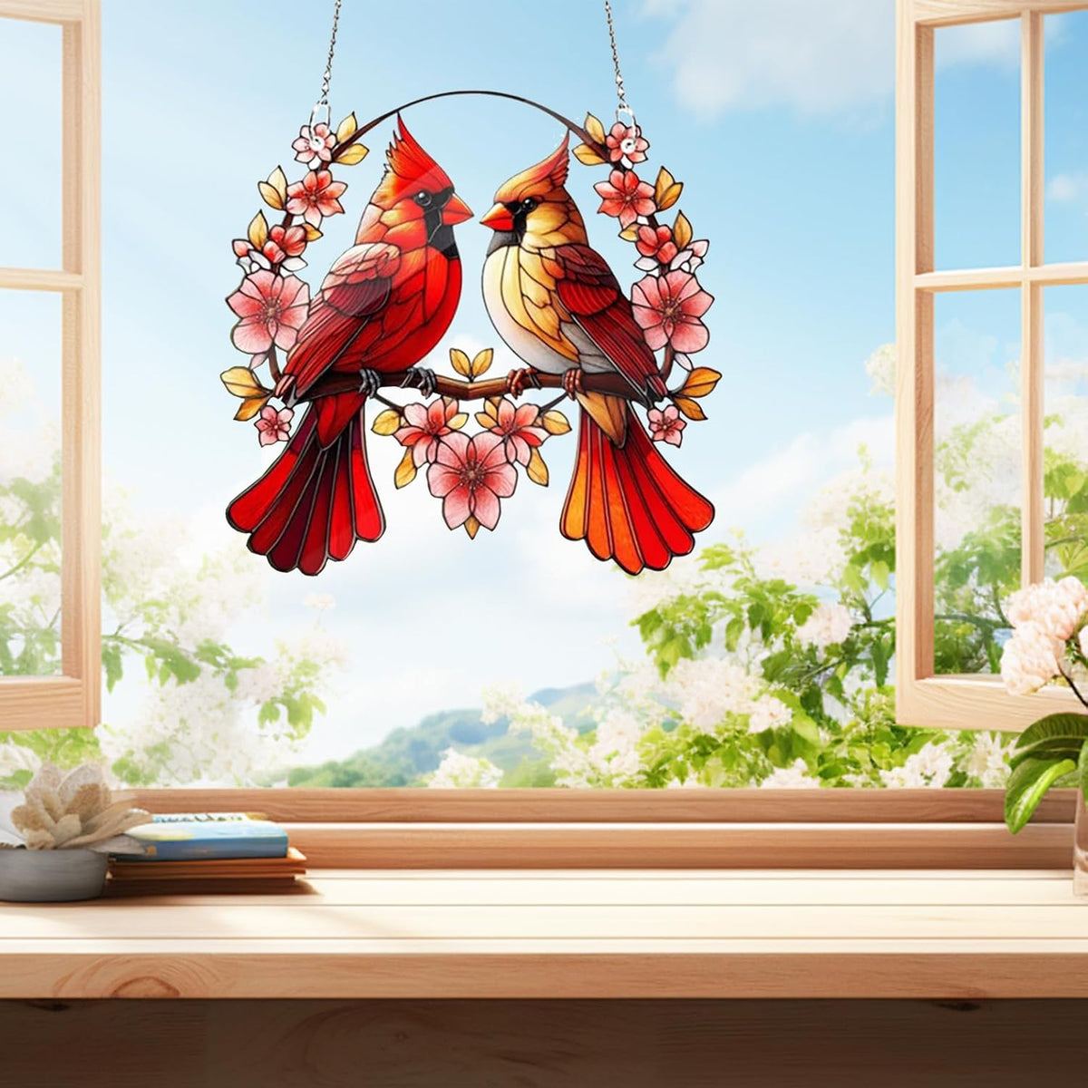 Acrylic Window Hanging Cardinal Suncatcher Decor,Red Bird Suncatcher Panel Outdoor Wall Art Stained
