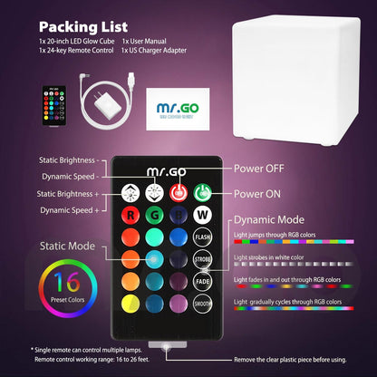 Mr.Go 20-inch LED Lighted Cube Table, Large LED Cube Chair Light, 16 RGB Colors Glowing Cube Seat