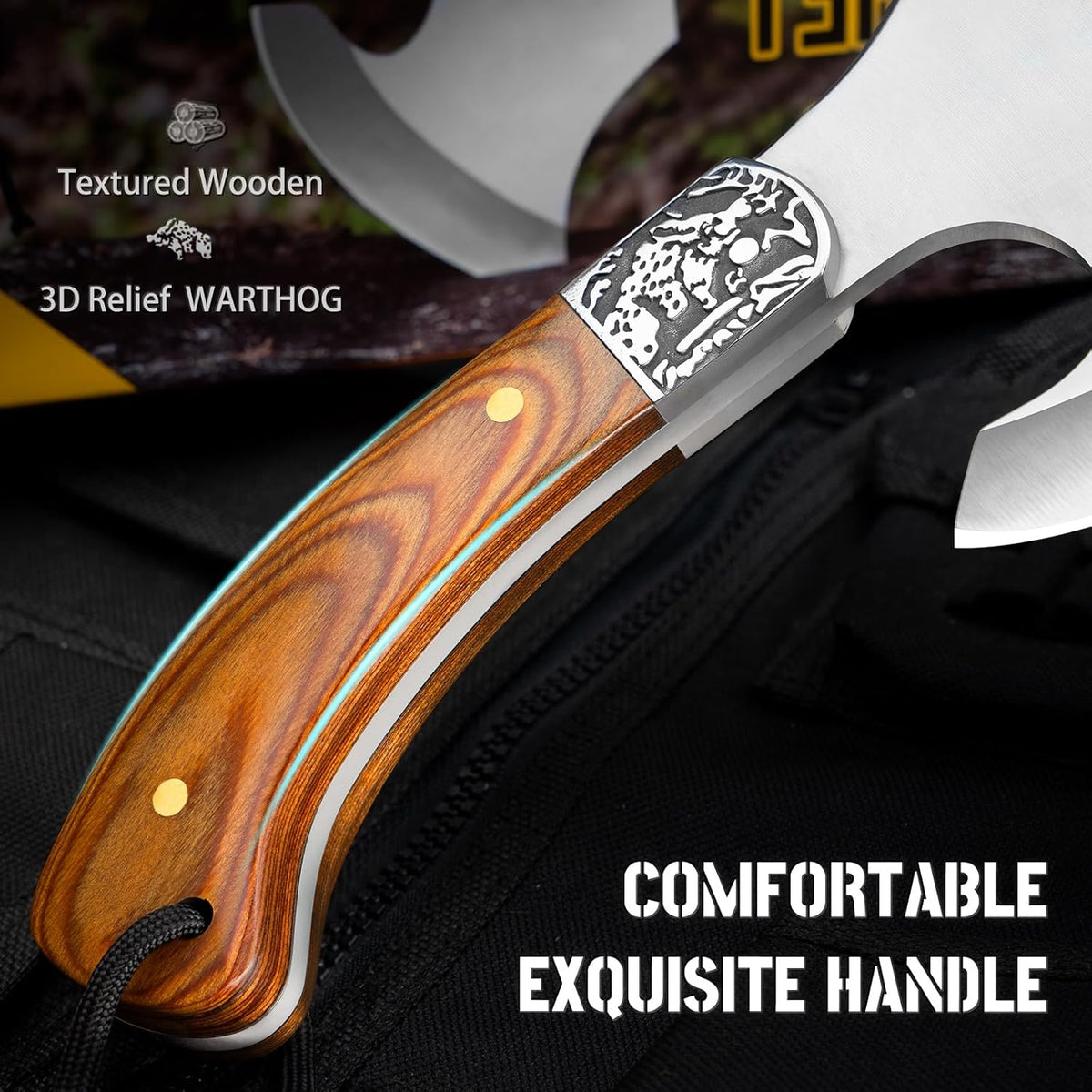 NedFoss Warthog Camping Axe, 9" Full Tang Small Axe with Leather Sheath, Survival Hatchet with Wood