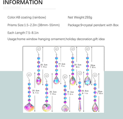 HDCRYSTALGIFTS 9 Pack Iridescent Sun Catchers with Crystals,Rainbow Maker Crystal Suncatchers for