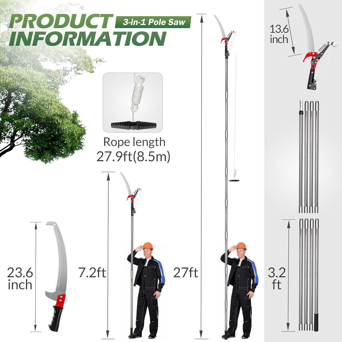 Walensee Pole Saws for Tree Trimming,7.2-27FT Extendable Tree Pruner,Manual Branch Timmer with