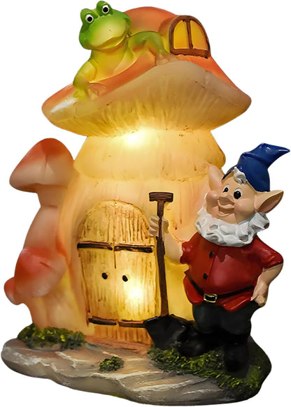 VINIUSIKI Garden Statues Mushroom House Gnome with Solar Light, LED Outdoor Fairy House Statue for