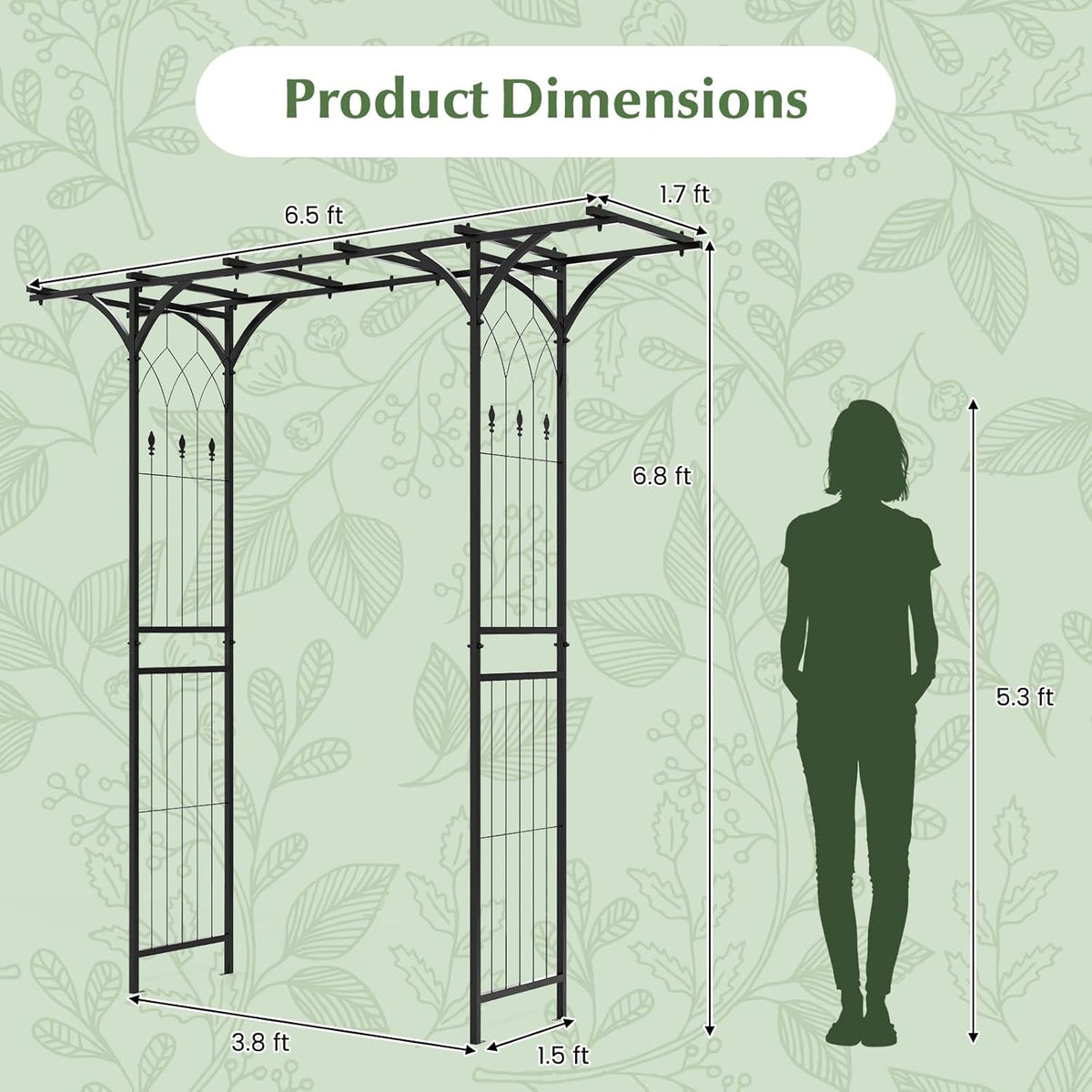 LDAILY Wedding Arch, 6.8FT Rustproof Metal Garden Arbor with Extended Roof & 4 Stakes, Outdoor