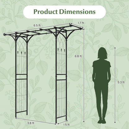 LDAILY Wedding Arch, 6.8FT Rustproof Metal Garden Arbor with Extended Roof & 4 Stakes, Outdoor