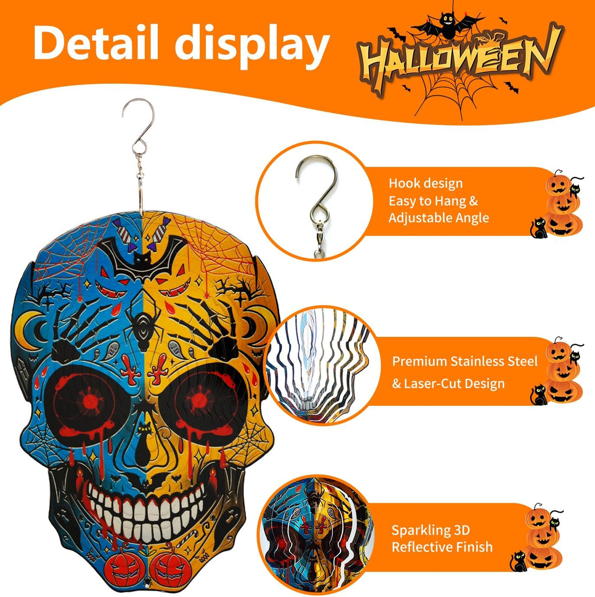 12 inch Halloween Decoration Skull Wind Spinner Clearance - 3D Metal Garden Spinner, Mandala