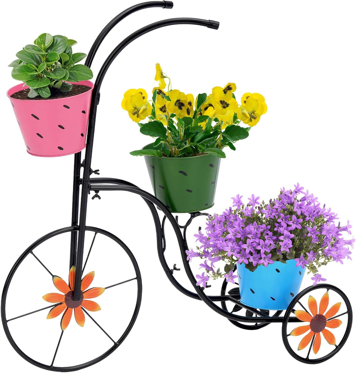 BAYN Bicycle Planter Stand, Metal Flower Pot Cart Holder with 3 Plant Bucket Outdoor Decorative for