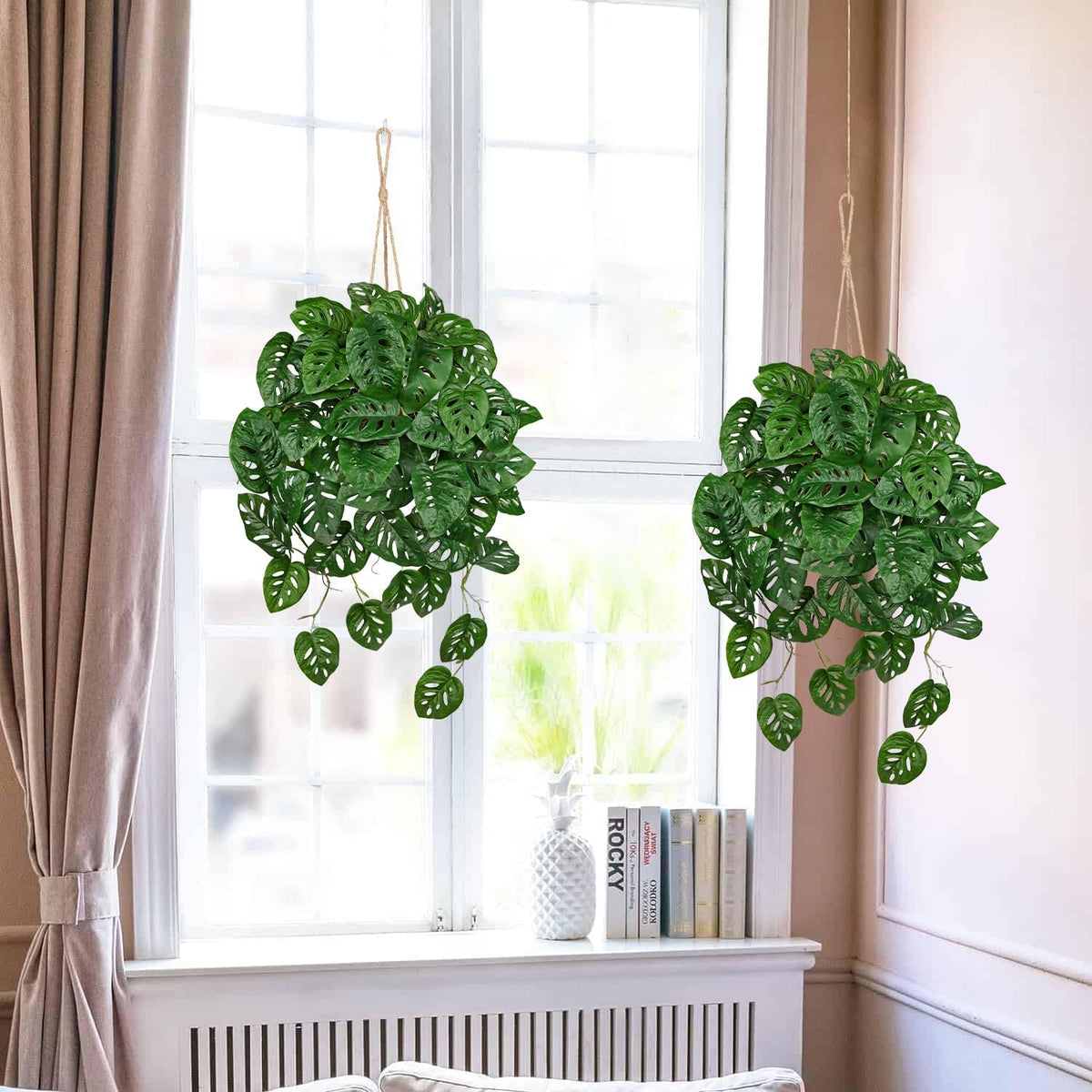 Large Fake Hanging Plants in Pot for Indoor & Outdoor, Long Artificial Monstera Albo Long Plants