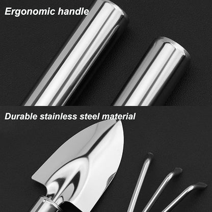 3 Pcs Stainless Steel Mini Garden Tools Set Small Tiny Shovel Trowel Root Extractor Hand Rake