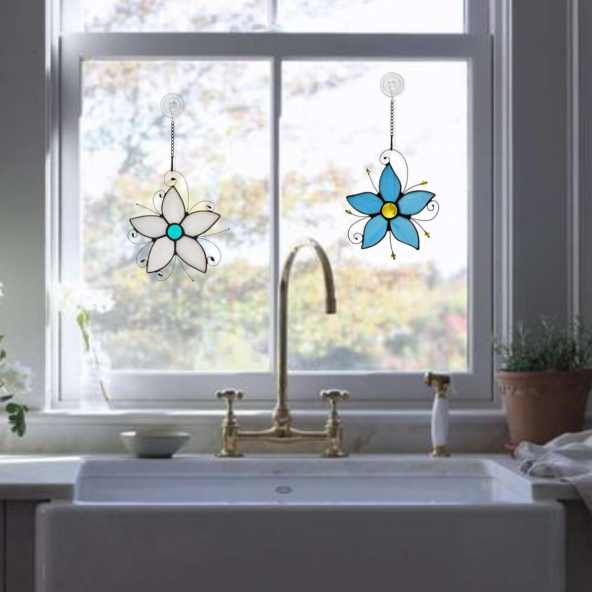 Stained Glass Window Hanging Flower Ornaments,Forget Me Not Blue Flower Suncatcher for Window, Home