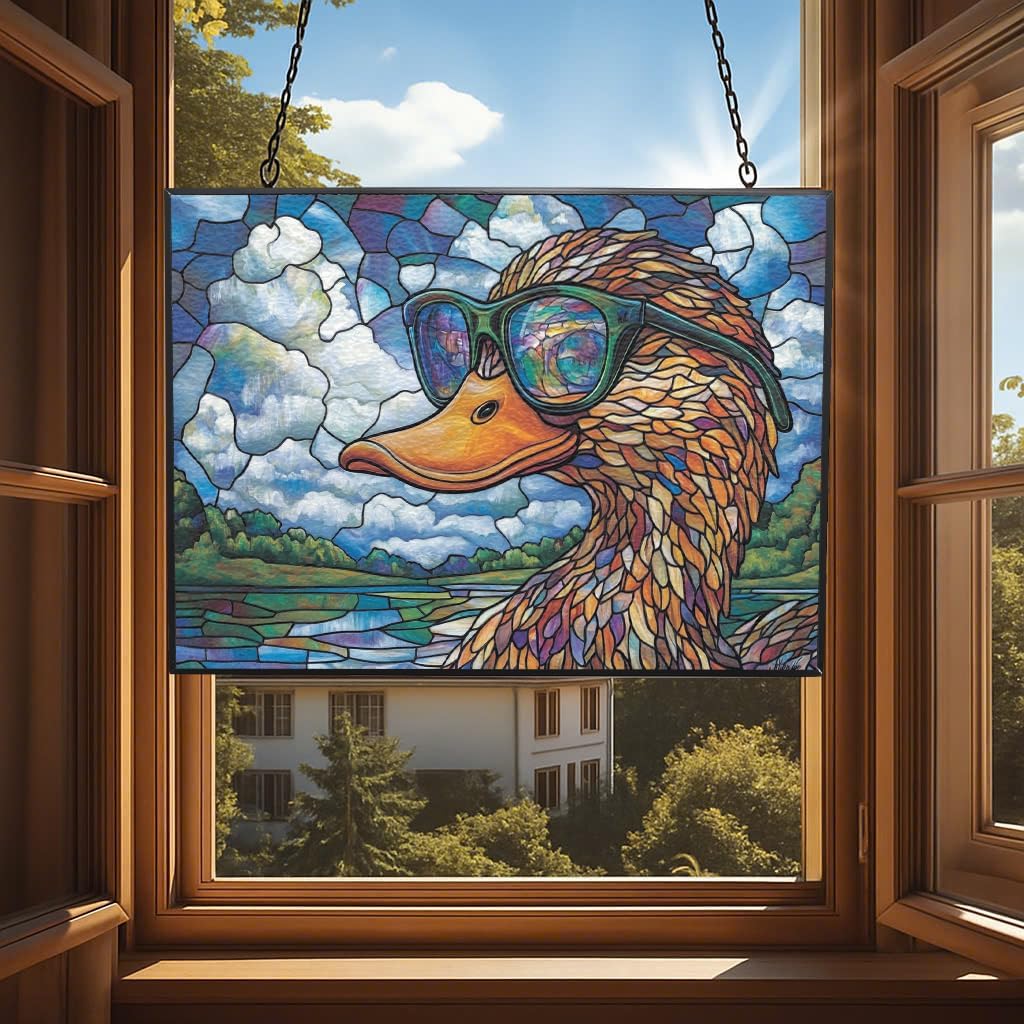 Personalized Rectangle Boho Duck Studying Clouds Stained Glass Window Hanging, Suncatcher for