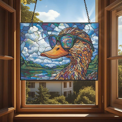 Personalized Rectangle Boho Duck Studying Clouds Stained Glass Window Hanging, Suncatcher for