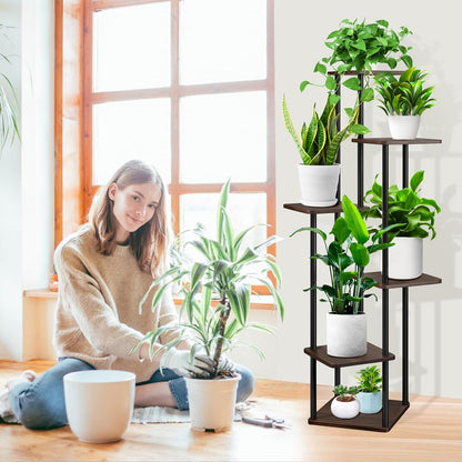 6 Tier Wood Tall Plant Stand Metal Rack Indoor, Multiple Flower Pot Holder Shelves Corner Rack