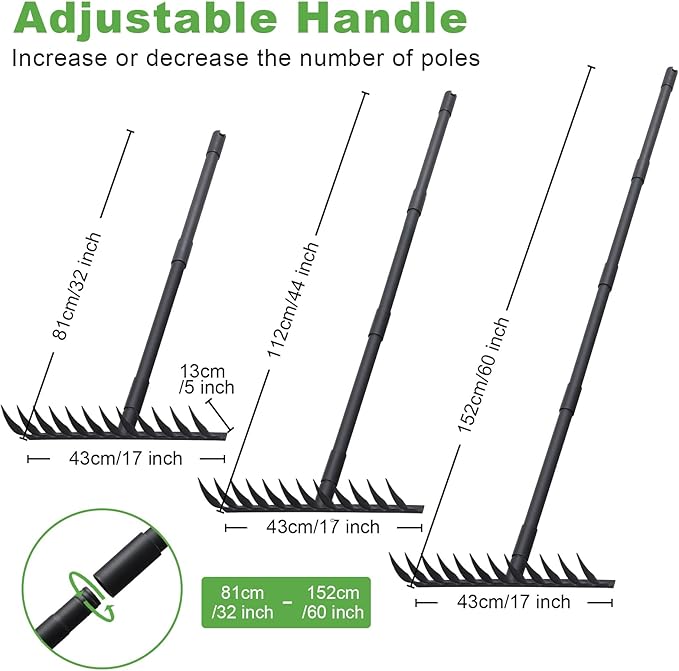 Pragmatist Bow Rake Heavy Duty 60" Metal Head Garden Rake with Adjustable Stainless Steel Handle