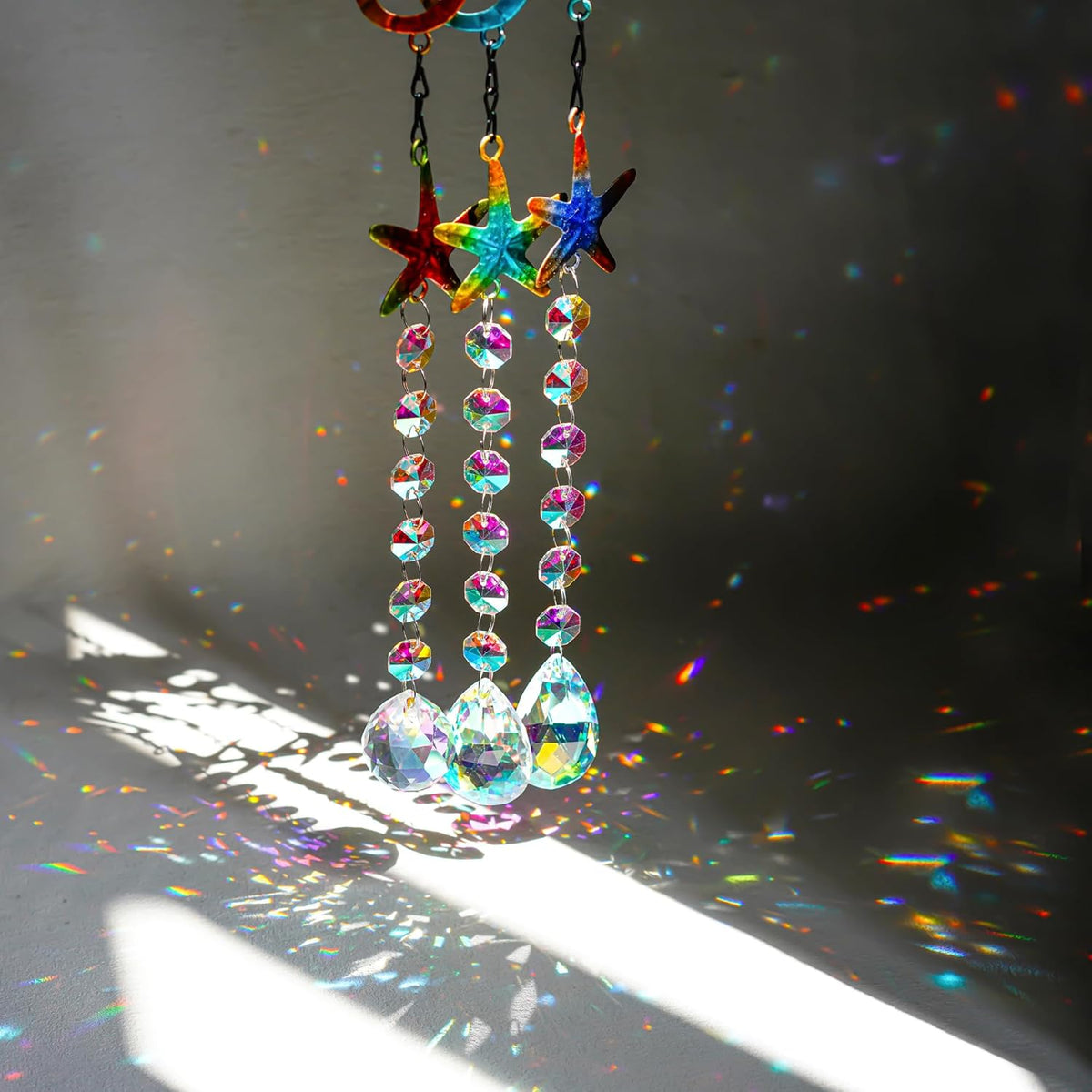 3PCS Metal Seahorse & Starfish Hanging Sun Catchers with Crystals, Colorful Crystal Prisms Stained