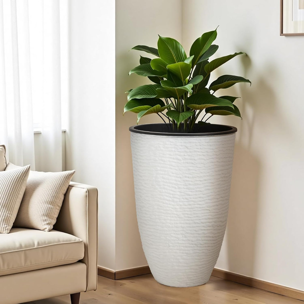 WORTH Garden 2-Pack 21" H. White Tall Planters with Inside Pots - 14'' Dia Plastic Large Round