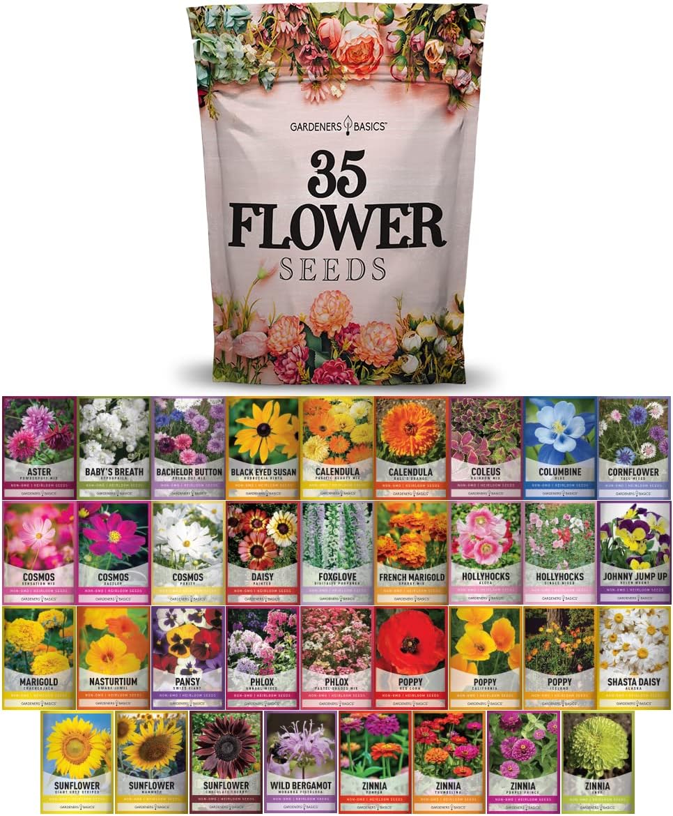 Gardeners Basics, Flower Seeds Packets for Planting 35 Individual Varieties Perennial, Annual