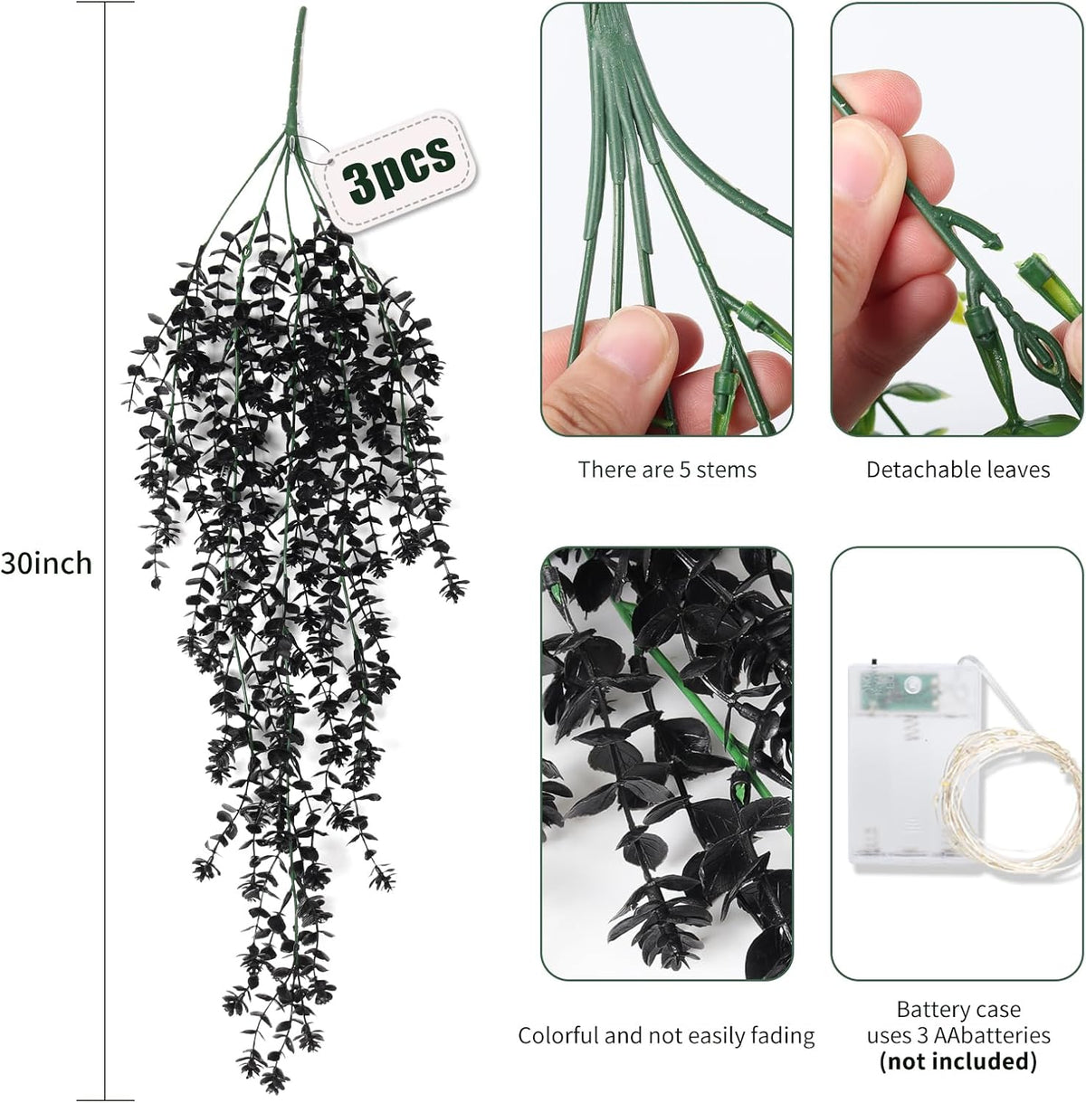Black Hanging Flowers with Lights Faux Hanging Plants Black Artificial Hanging Plant Fake Greenery