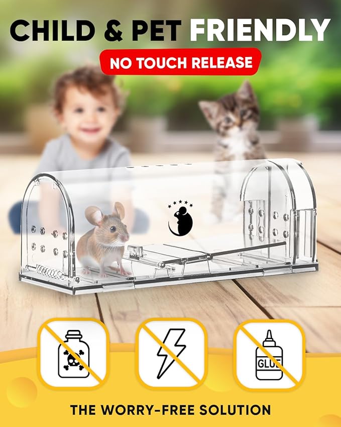 Motel Mouse Humane No Kill Live Catch and Release Mouse Traps, Reusable with Cleaning Brush - 4 Pack