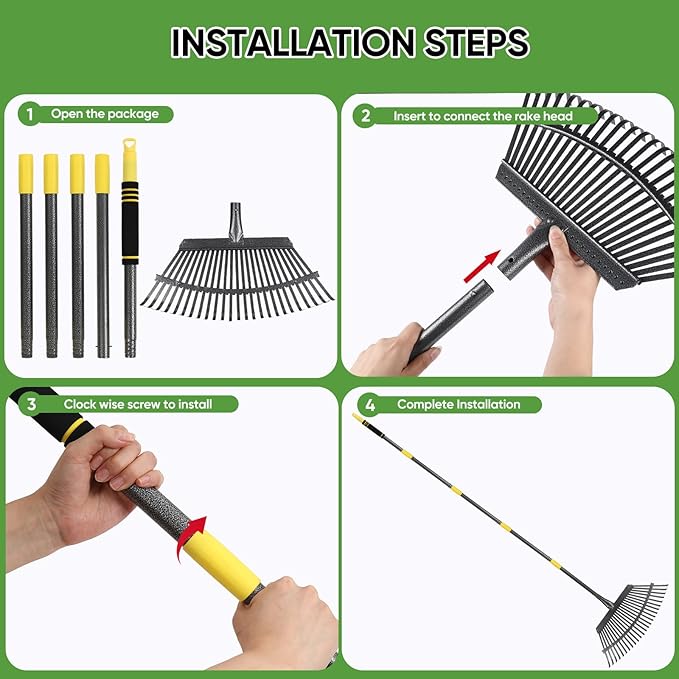 Garden Leaf Rakes, 6FT Rake for Lawns Heavy Duty 25 Metal Tines 18.5 inch Wide, Adjustable Steel