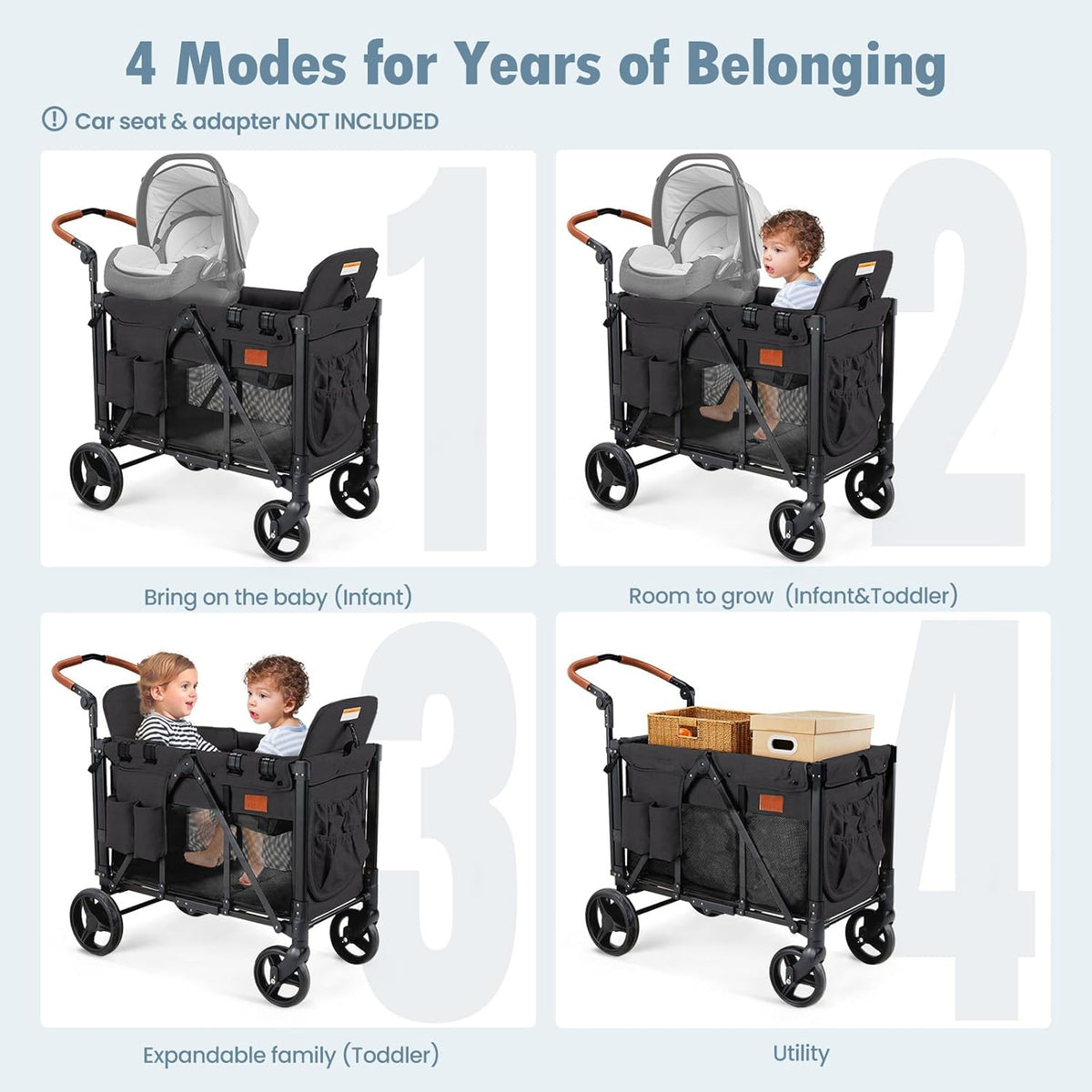 Wagon Stroller for 2 Kids, High Seat & 5 Point Harness, Foldable All-Terrain Wagon for Toddler with
