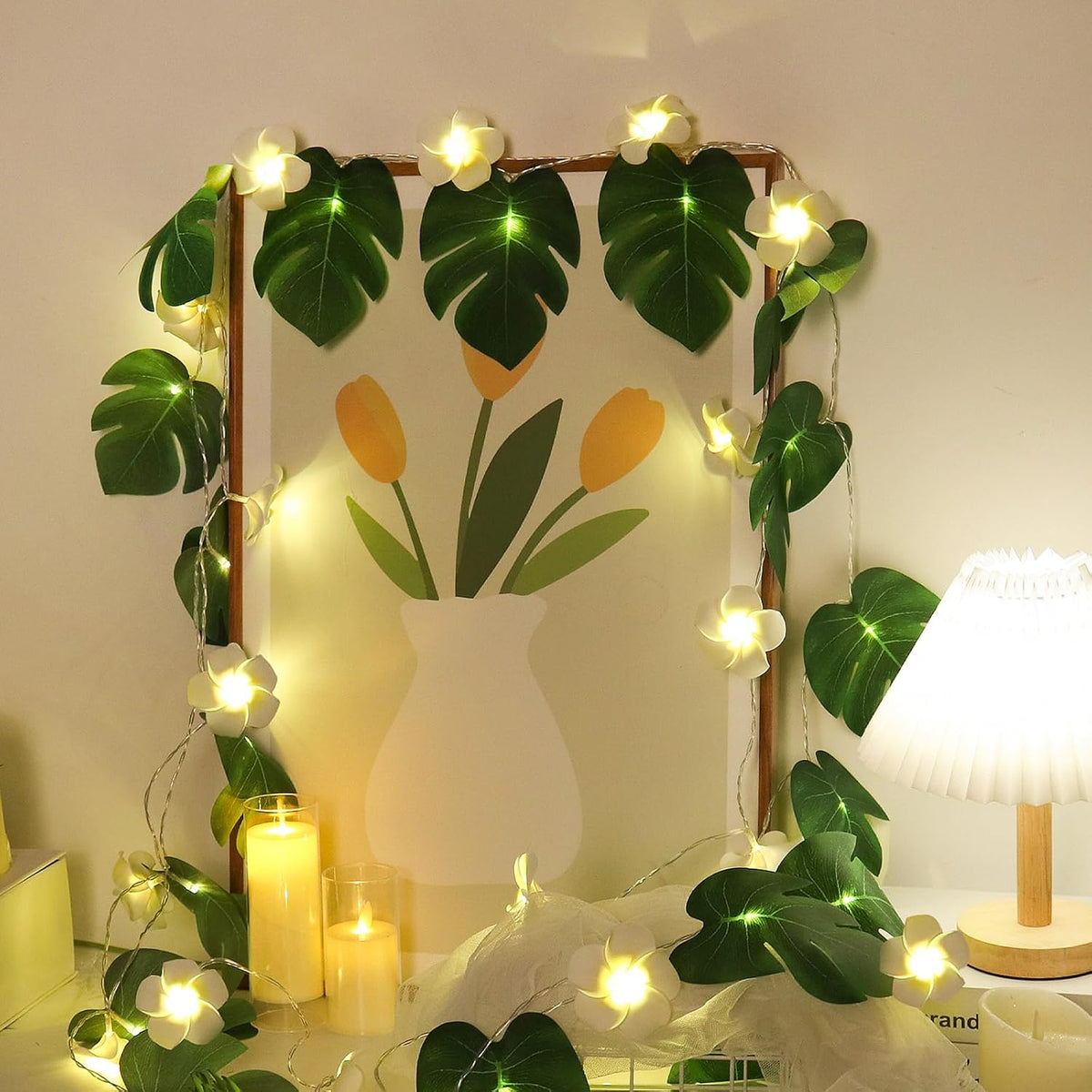 RECUTMS Monstera Leaf String Lights Artificial Foam Plumeria Tropical Palm Leaves Flower 40 LED
