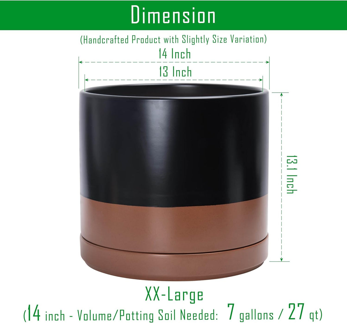 D'vine Dev 14 Inch Ceramic Planter Pot with Drainage Hole and Saucer, Indoor Cylinder Round Planter