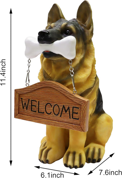 Nature's Mark German Sheperd Dog Puppy Statue with Reversible Welcome Sign and Go Away Sign Resin