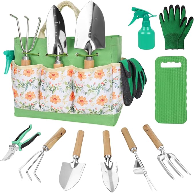 Gardening Tools 10-Piece Heavy Duty Stainless Steel Hand Tools with Durable Garden Tools Storage