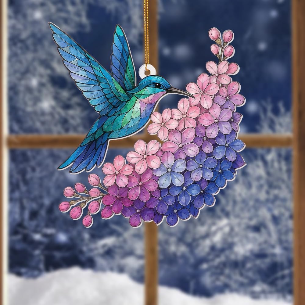 Hummingbird Stained Glass Ornament, Acrylic Window Hanging Suncatcher Decor, Bird Ornament for Car