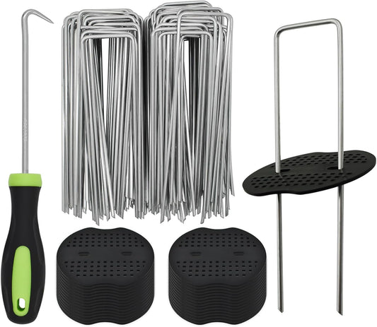 BDS-HOME 100sets Heavy Duty Garden Landscape Staples and Fixing Gasket with 1pc Pick Hook, 11 Gauge