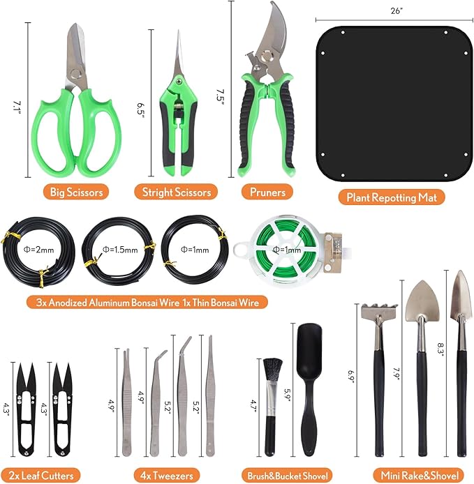 Bonsai Tools Kit 20 Pcs Garden Tools Set for Starters, Includes Bonsai Wire Kit, Plant Mat, Pruning