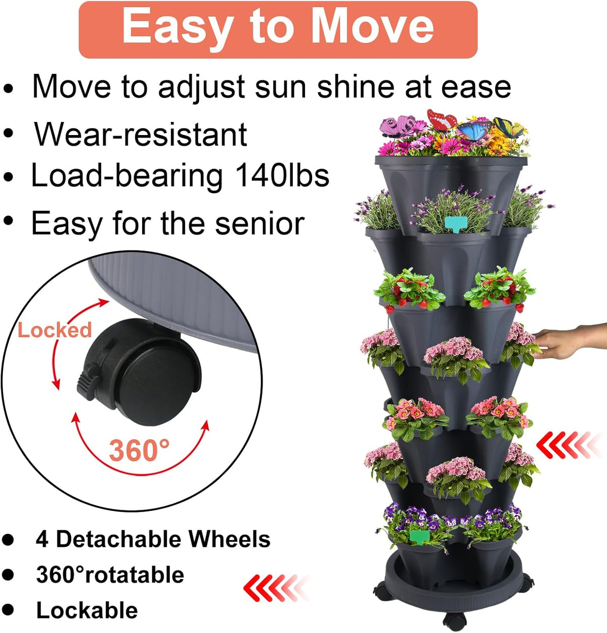 Vertical Planter, 7 Tier Stackable Strawberry Planter with Garden Tool Set, Movable Indoor/Outdoor