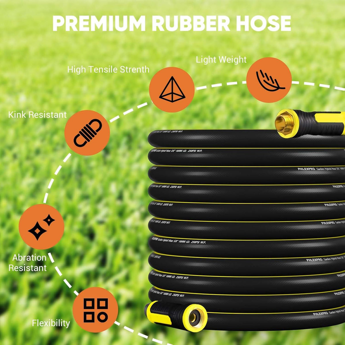 Garden Hose 50FT - PHLEX PRO Heavy-Duty Premium 5/8'' Rubber 3-Layer Water Hose - Innovation