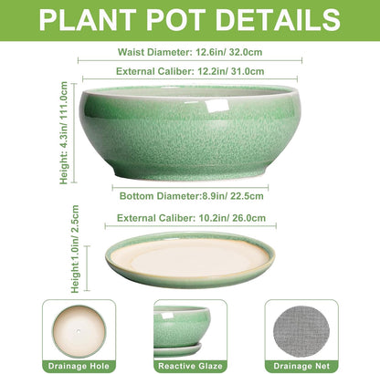 SQOWL Succulent Planter 12 Inch - Ceramic Bonsai Pots with Drainage Hole and Saucer, Large Shallow