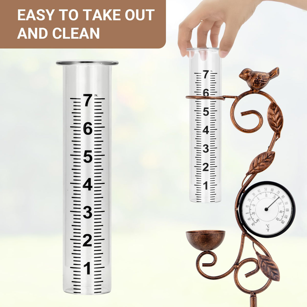 32" Garden Rain Gauge with Thermometer - 7" Glass Tube for Outdoor Indoor Use, Patio Yard Decor