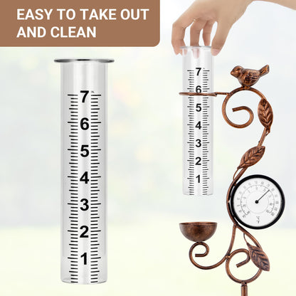 32" Garden Rain Gauge with Thermometer - 7" Glass Tube for Outdoor Indoor Use, Patio Yard Decor