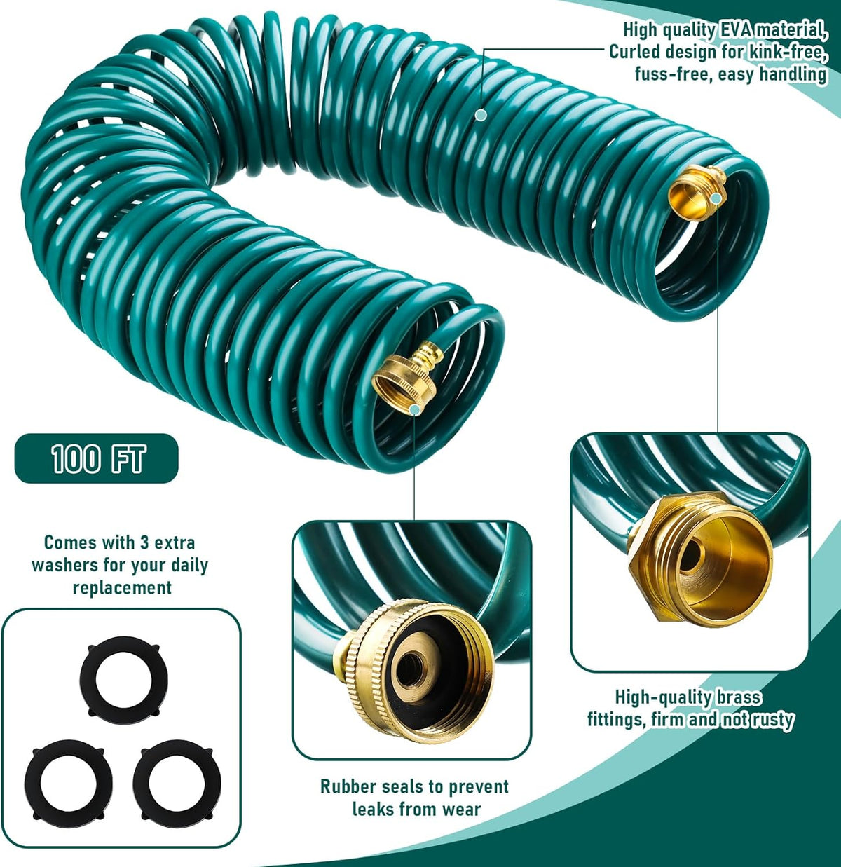 Pangda 100 Ft x 3/8'' Coil Garden Hose EVA Recoil Garden Self Coiling Expanding Water Hose with 6